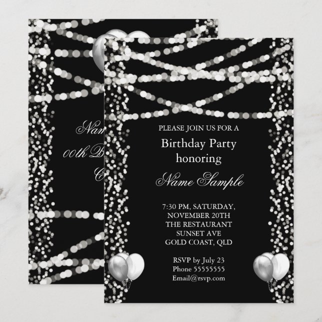 Glitter Faux Foil Silver Balloons Black Birthday Invitation (Front/Back)