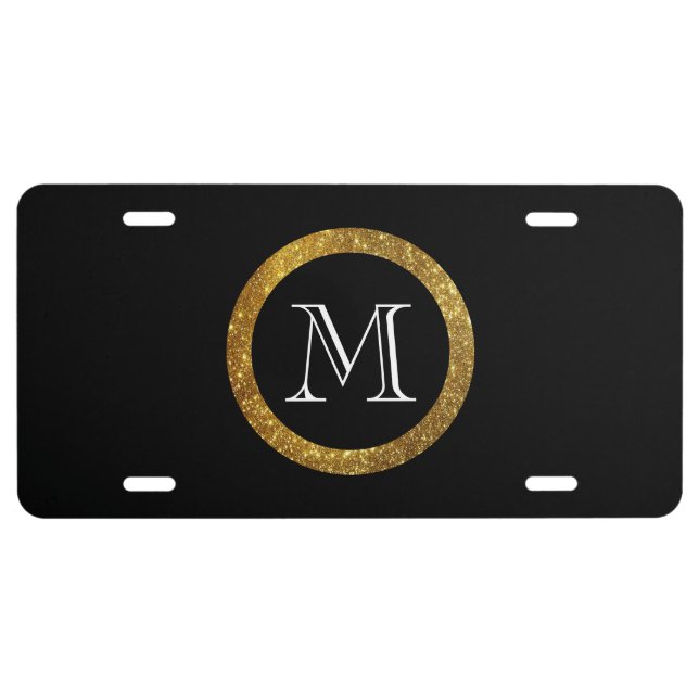 Glitter Faux Gold Circle Monogram License Plate (Front)