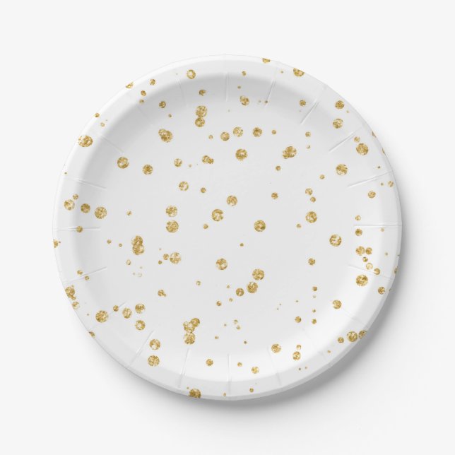 Glitter Faux Gold Confetti Wedding Reception Party Paper Plates (Front)