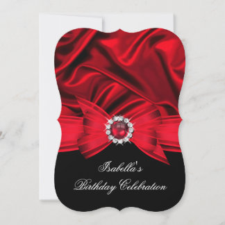 Glitter Faux Jewel Red Bow Black Birthday Party Invitation