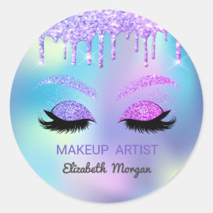 Glitter Faux Lashes, Drips Holographic Classic Round Sticker