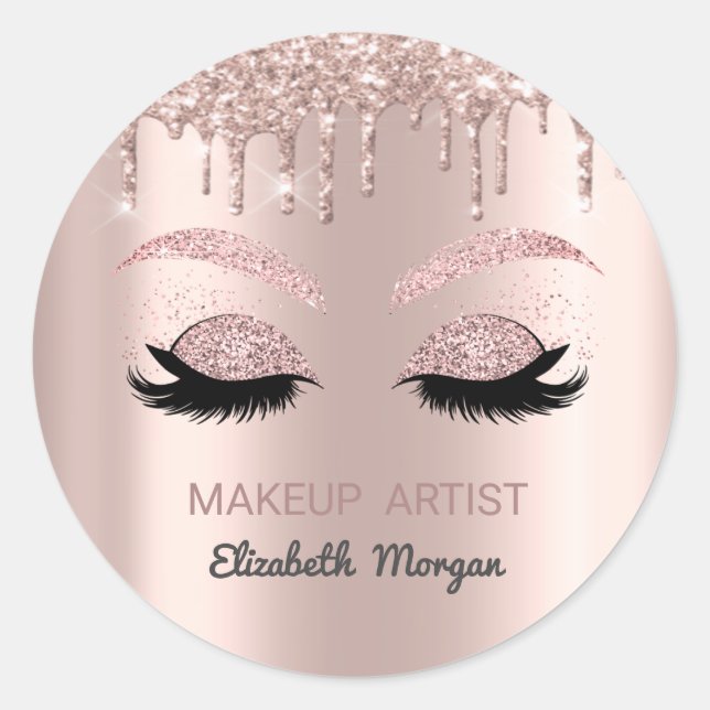 Glitter Faux Lashes,Rose Gold Drips,Makeup Classic Round Sticker (Front)