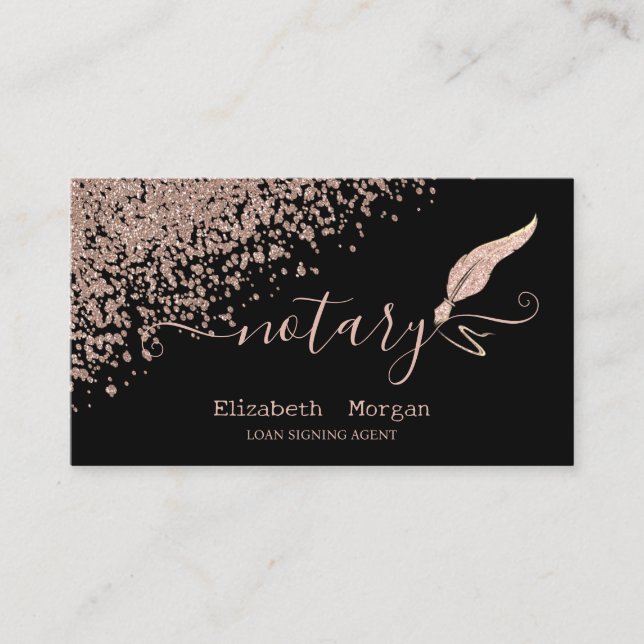  Glitter Feather Notary Rose Gold Diamonds Black Business Card (Front)