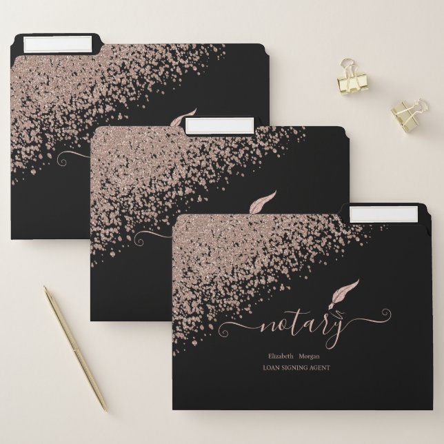  Glitter Feather Notary Rose Gold Diamonds Black File Folder (Set)