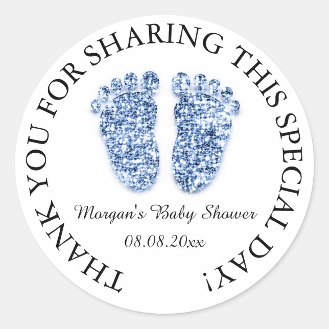 Glitter Feet Baby Shower Favor Thank Blue Boy Classic Round Sticker (Front)