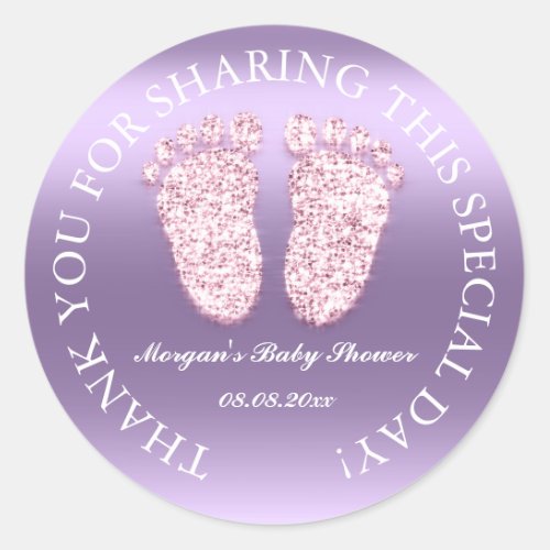 Glitter Feet Baby Shower Favor Thank You Purple Classic Round Sticker