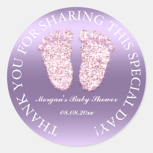 Glitter Feet Baby Shower Favor Thank You Purple Classic Round Sticker (Front)
