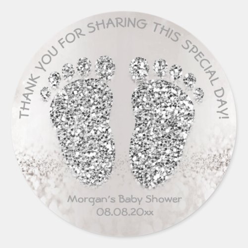 Glitter Feets Baby Shower Favor Thank You Gray Classic Round Sticker