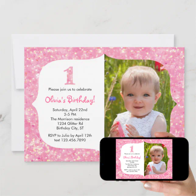 Glitter First Birthday Invitation | Zazzle