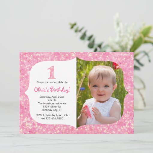 Glitter First Birthday Invitation | Zazzle