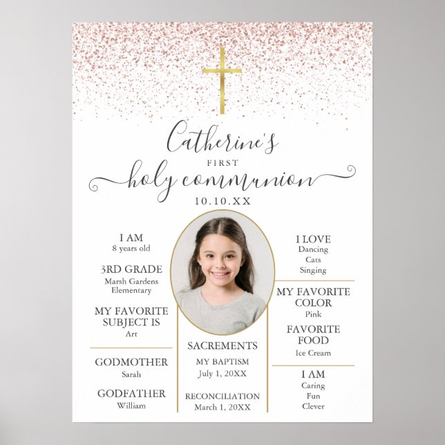 Glitter First Communion Fun Facts Photo Sign (Front)