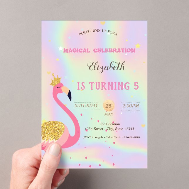 Glitter Flamingo, Holographic Birthday Acrylic Invitations (Insitu (Handheld))