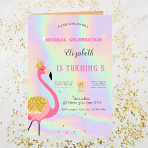 Glitter Flamingo, Holographic Birthday Invitation