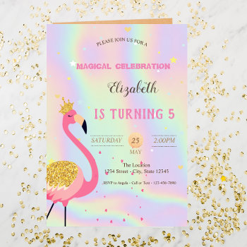 Glitter Flamingo  Holographic Birthday Invitation by Biglibigli at Zazzle