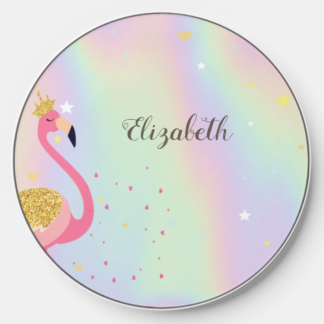 Glitter Flamingo, Holographic Wireless Charger (Front)