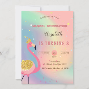 Glitter Flamingo,Pastel Colorful Holographic Invitation