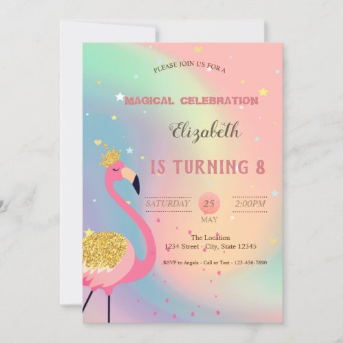 Glitter FlamingoPastel Colorful Holographic  Invitation