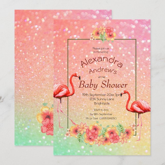 Glitter Flamingo Tropical Flowers  Baby Shower Invitation (Front/Back)