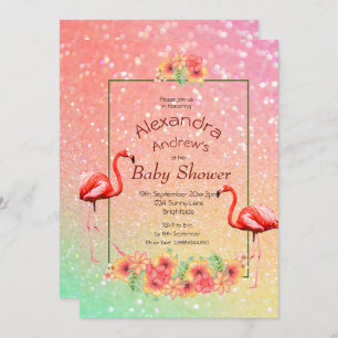Glitter Flamingo Tropical Flowers Baby Shower Invitation