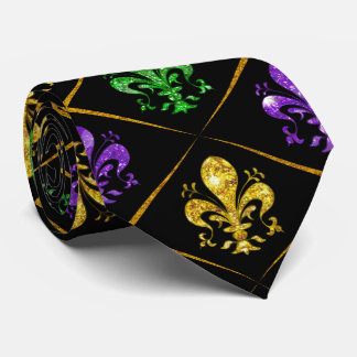 Glitter Fleur de Lis Diamond Mardi Gras Neck Tie