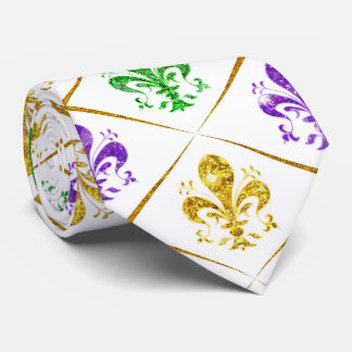 Glitter Fleur de Lis Diamond Mardi Gras White Neck Tie