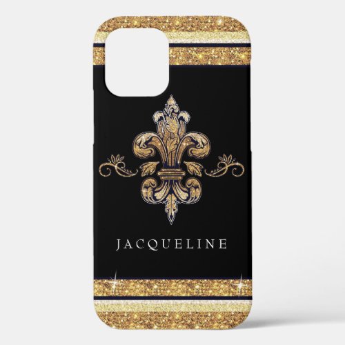 Glitter Fleur de Lis Gold Black French Your Name  iPhone 12 Pro Case