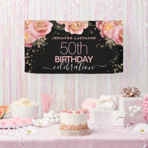 Glitter Floral Any Year Birthday Party Banner