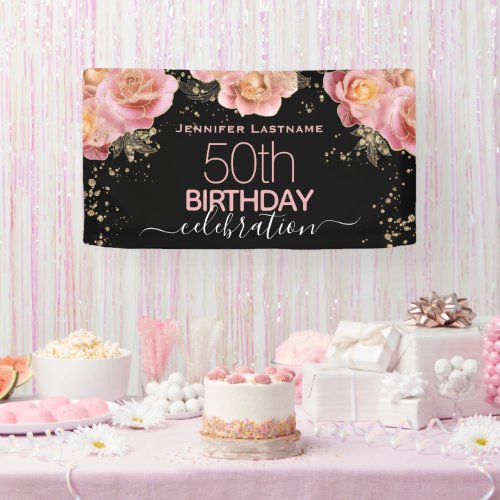 Glitter Floral Any Year Birthday Party Banner