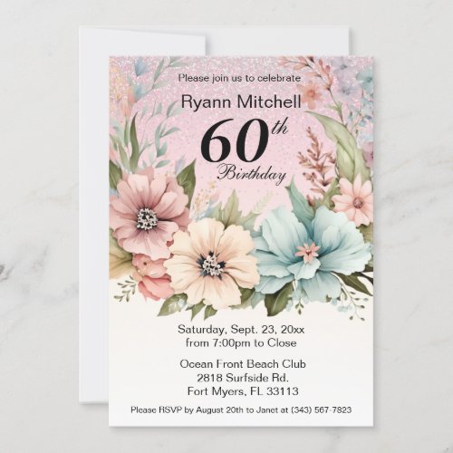 Glitter Floral Birthday Party Invitation