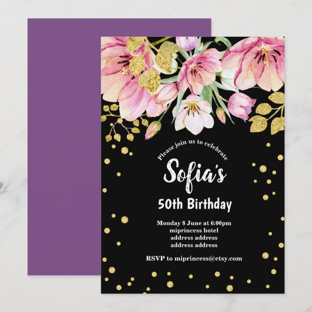 glitter floral birthday party invitation, gold invitation (Front/Back)
