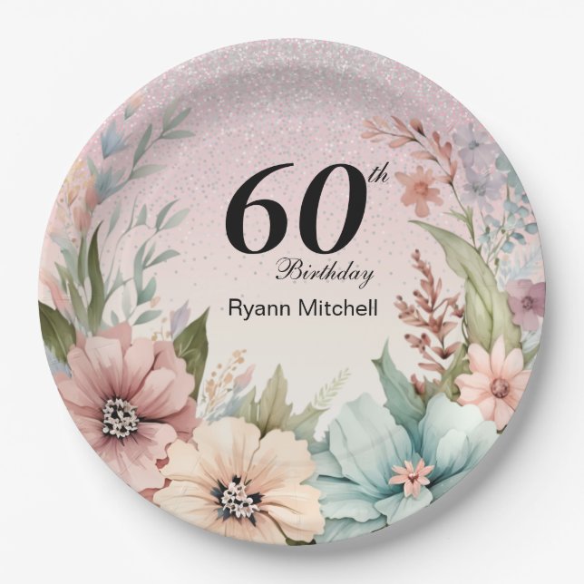 Glitter Floral Birthday Party Paper Plates (Front)
