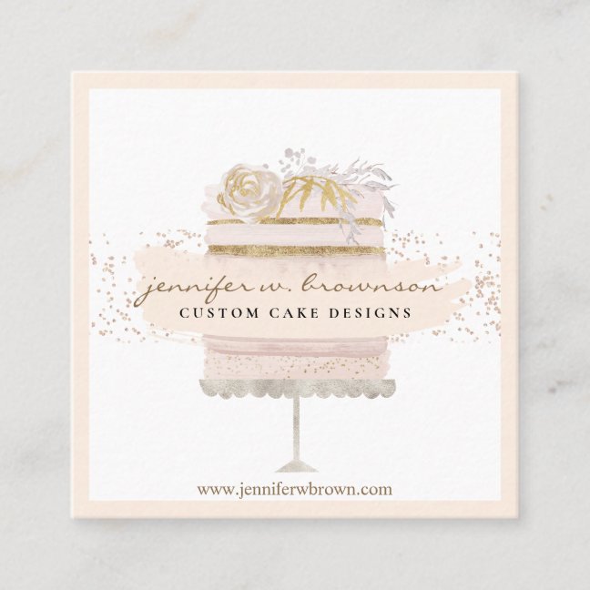 Glitter Floral Cake Bakery Pastry Square Business Card