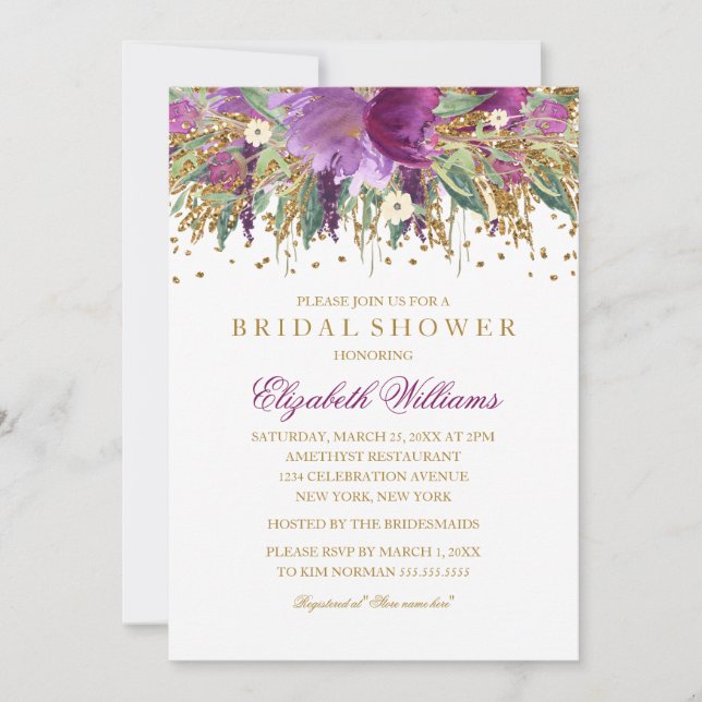 Glitter Floral Sparkling Amethyst Bridal Shower Invitation (Front)