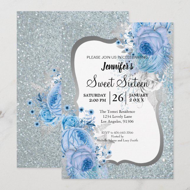 Glitter Floral Sweet 16 Birthday Invitation (Front/Back)