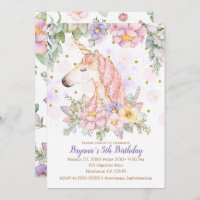 Glitter Floral Unicorn Girls Modern Birthday Party Invitation