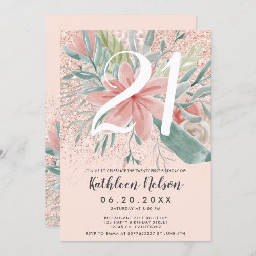 Glitter floral watercolor blush pink 21st birthday invitation