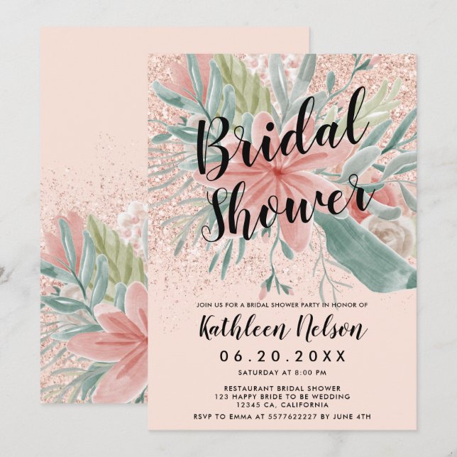Glitter floral watercolor blush pink bridal shower invitation (Front/Back)