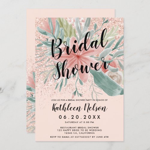 Glitter floral watercolor blush pink bridal shower invitation