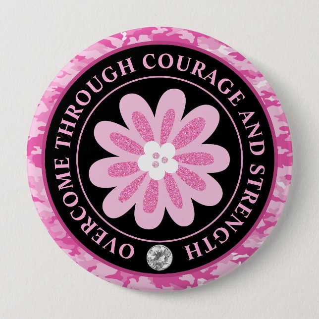Glitter Flower Camouflage Breast Cancer Awareness Button (Front)