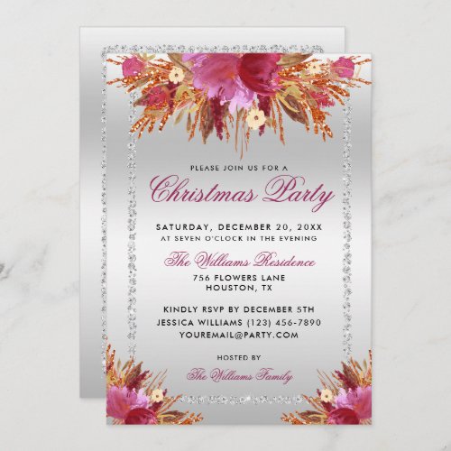 Glitter Flowers Diamond Framed Christmas Party In Invitation