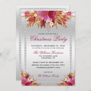 Glitter Flowers, Diamond Framed Christmas Party In Invitation