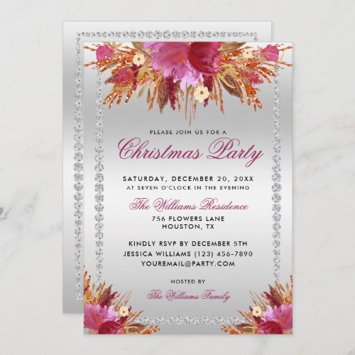 Glitter Flowers Diamond Framed Christmas Party In Invitation