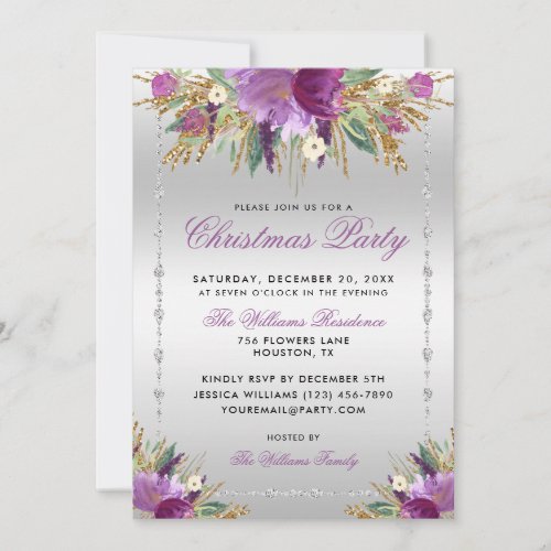 Glitter Flowers Diamond Framed Christmas Party In Invitation