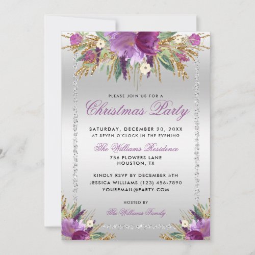 Glitter Flowers Diamond Framed Christmas Party Invitation