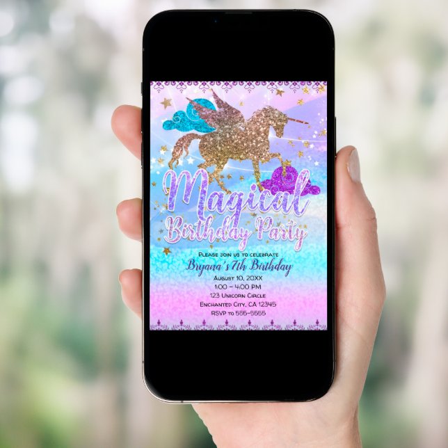 Glitter Flying Unicorn Magical Birthday Party Invitation (Front Digital)