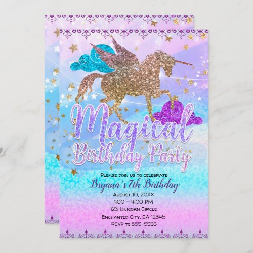 Glitter Flying Unicorn Magical Birthday Party Invitation