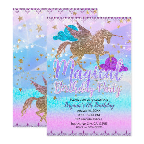 Glitter Flying Unicorn Magical Birthday Party Invitation