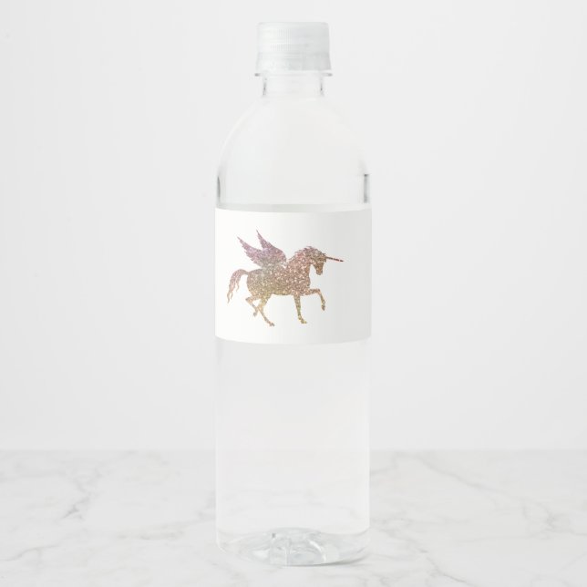 Glitter Flying Unicorn Magical Birthday Party Water Bottle Label (Front)
