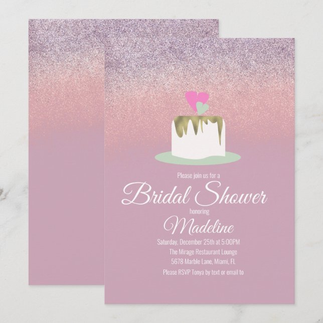 Glitter Foil Wedding Cake One Tier Bridal Shower Invitation (Front/Back)