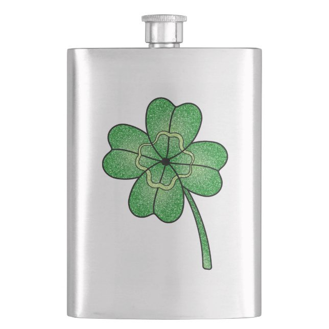 Glitter Four Leaf Clover Flask (Front)